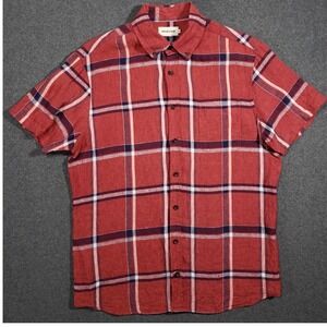 Taylor Stitch 100% Linen Shirt Men's 40 Red Plaid Short Sleeve‎ Button Down Camp